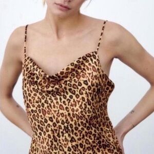 NEW Zara SATIN EFFECT Tank Leopard Print CHAIN STRAP Adjustable Cowl Neck Small